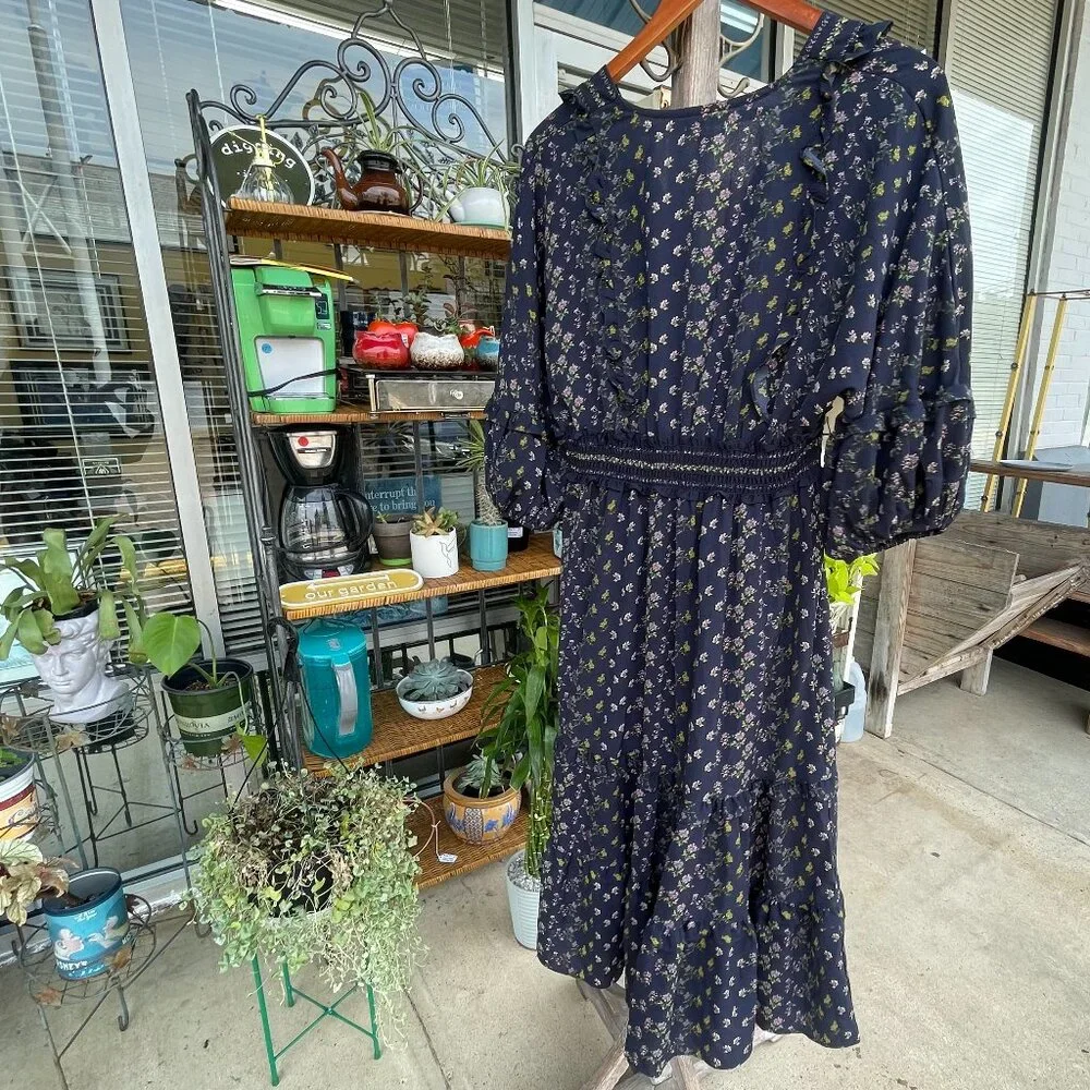 NWT Women's Large MAX STUDIO Navy Floral V-neck Empire Waist Tiered Midi Dress - Picture 9 of 16